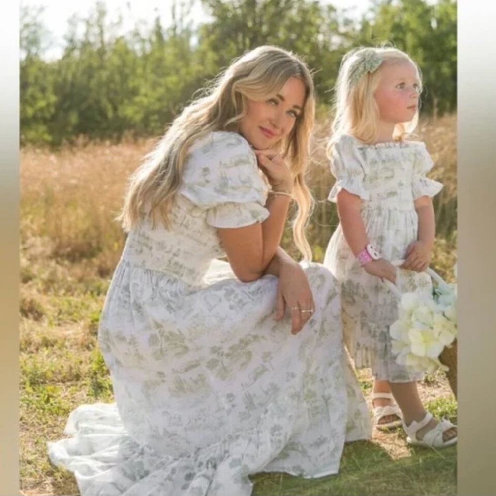 Ivy City Co. Valencia White Smocked Cottage Tiered Midi White Green Floral Dress - Picture 3 of 6